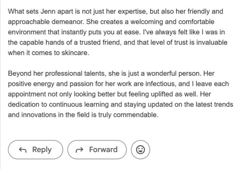 Text review of a skincare professional's services with a gray border