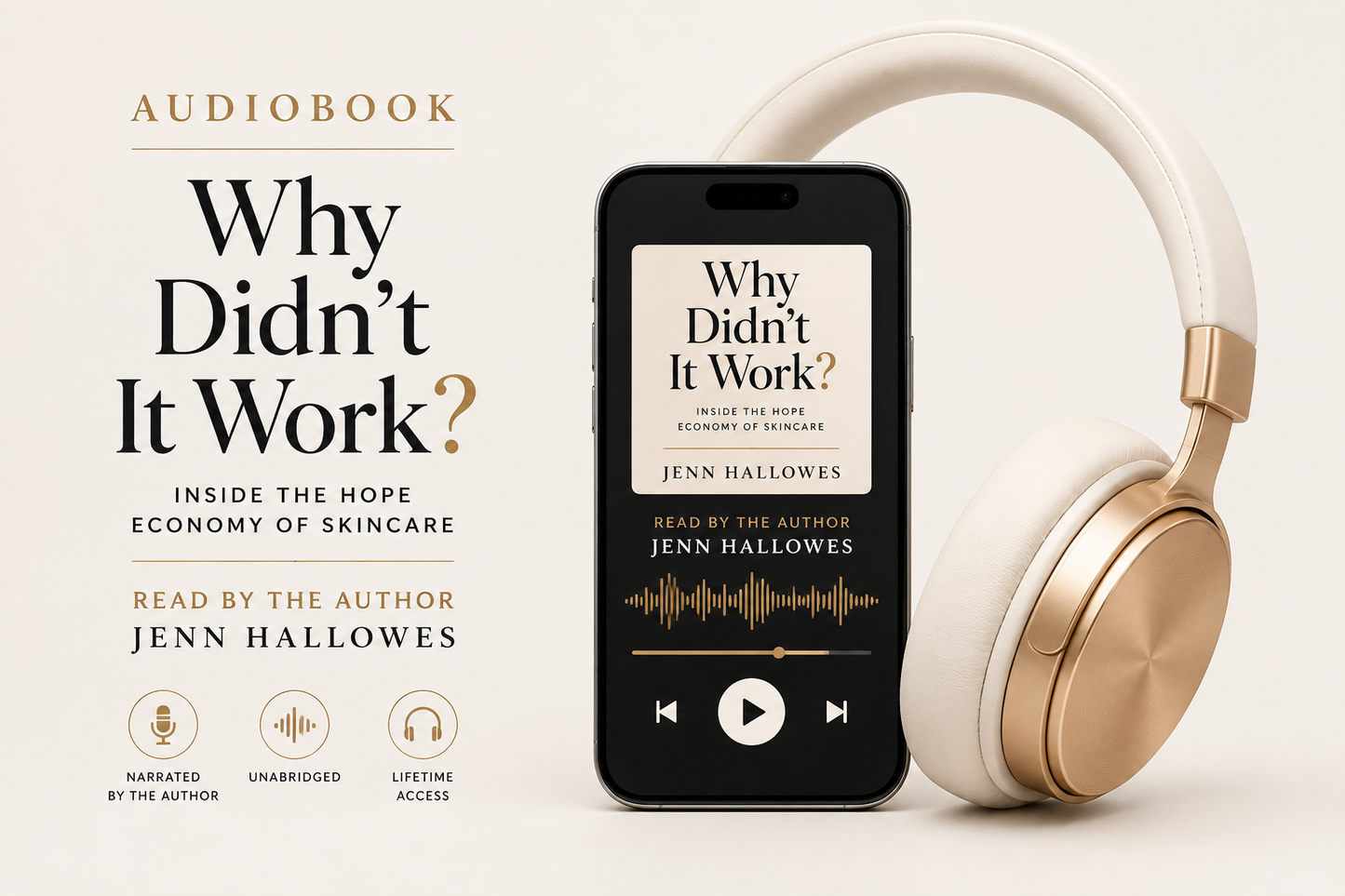 Promotional graphic for the audiobook 'Why Didn't It Work?' by Jenn Hallowes, showing a smartphone with the book cover on screen, gold and white over-ear headphones, and large title text on a warm beige background.