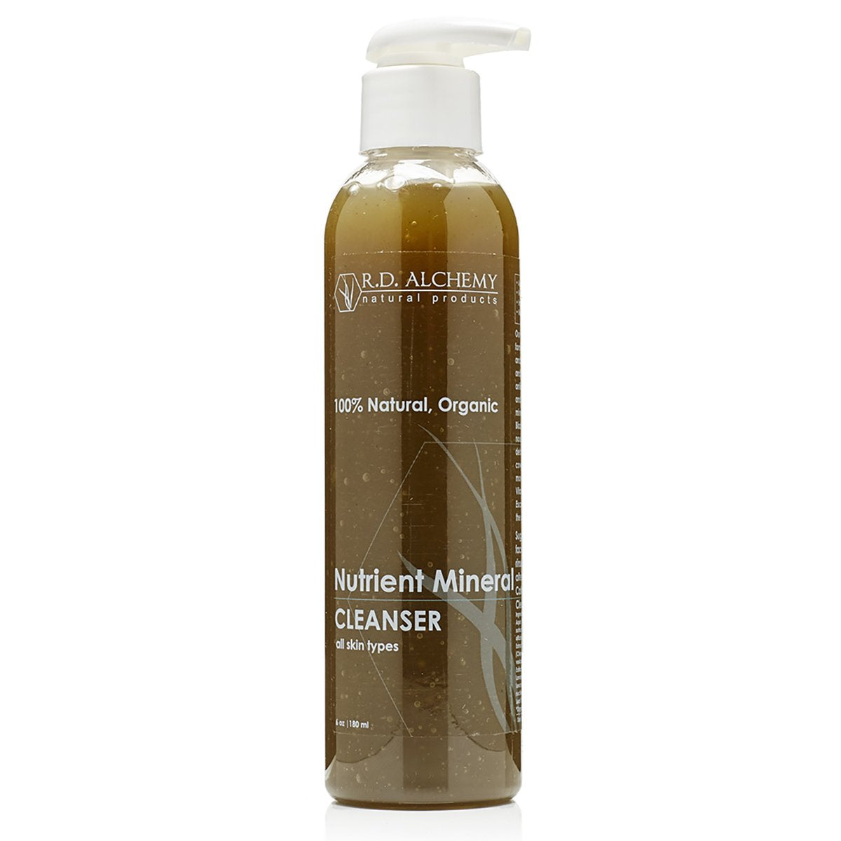 A pump bottle of Nutrient Mineral Cleanser by RD Alchemy. The label indicates that the product is 100% Natural and Organic.