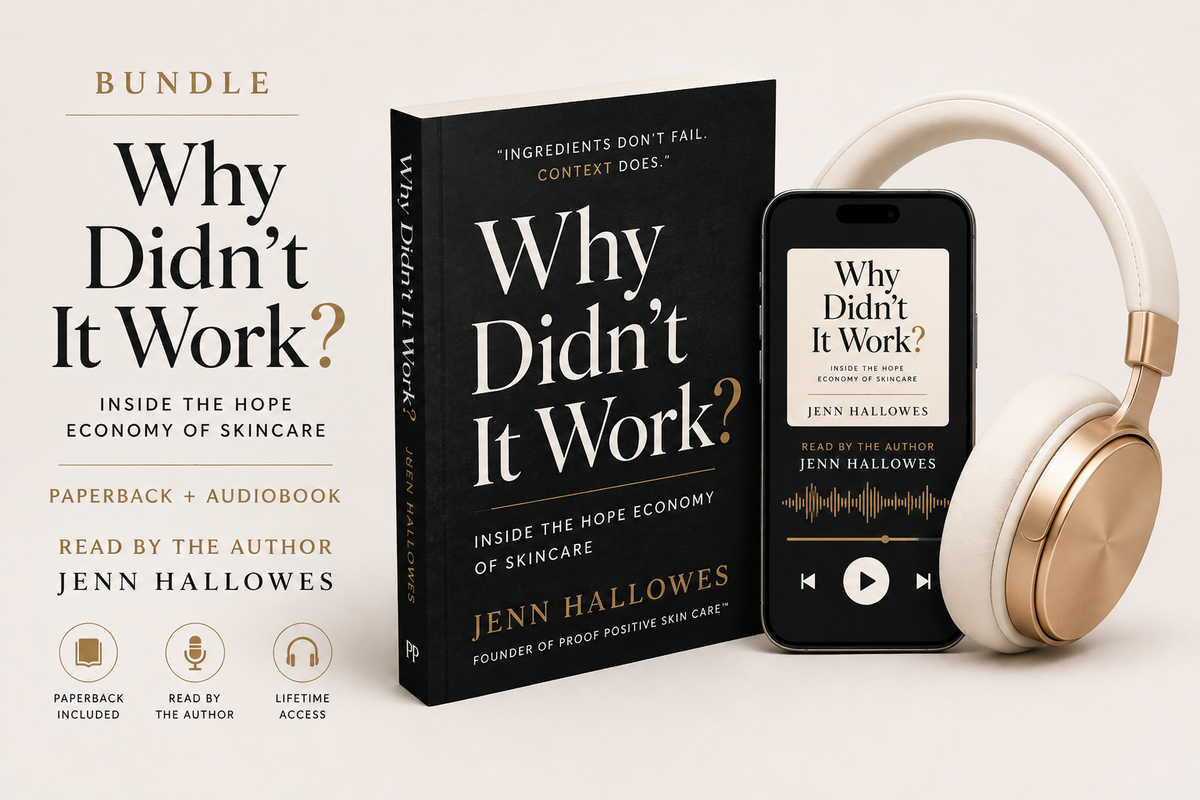 A promotional bundle image for the book 'Why Didn't It Work?' by Jenn Hallowes, showing the paperback book, an audiobook version on a smartphone, and white-and-gold headphones on a light beige background with text callouts.