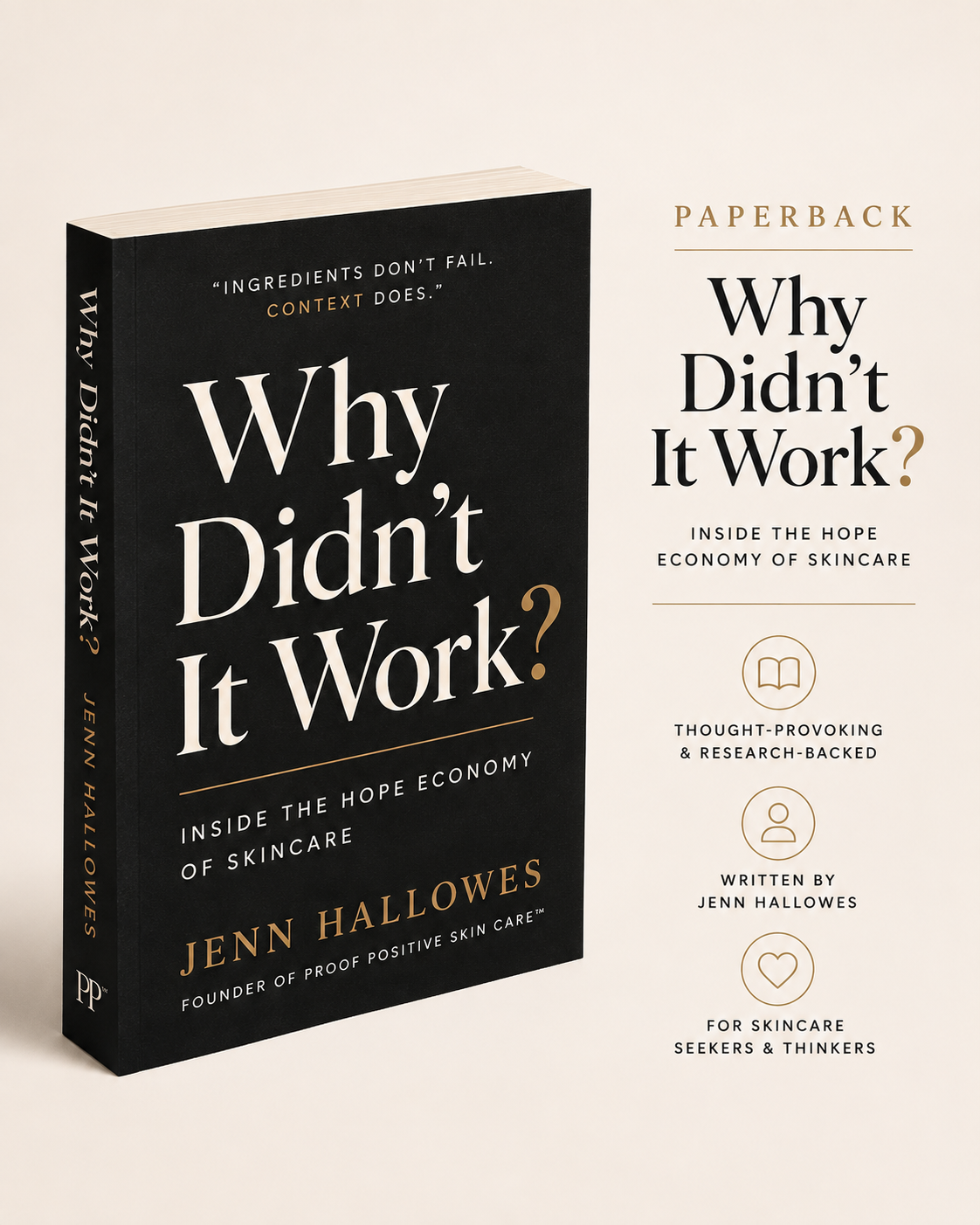 Paperback edition of the book 'Why Didn't It Work?' by Jenn Hallowes, shown standing upright next to a vertical book cover panel on a warm off-white background.